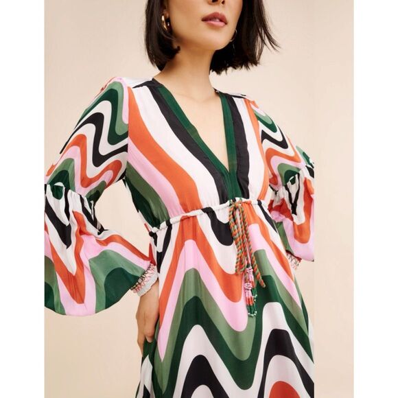 FARM Rio Wave Gradient Maxi Dress Long Sleeve Drawstring Waist Multicolor Size M - Picture 3 of 15